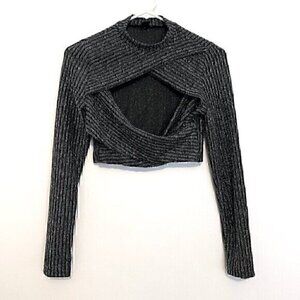 SHEIN Black Silver Metallic Striped Cross Front Cutout Long Sleeve Crop Top 8 10
